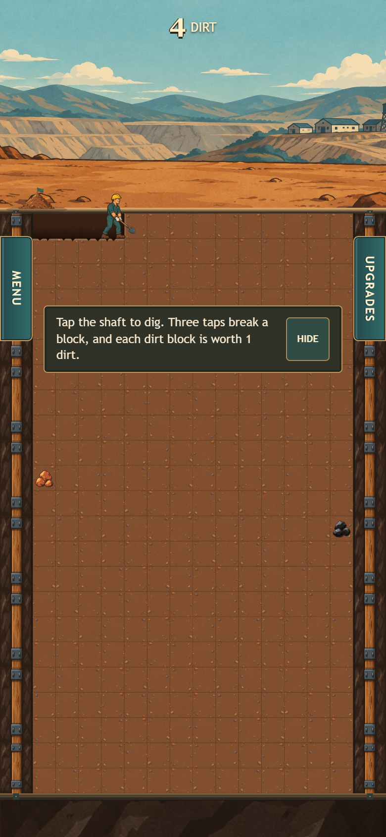 Development screenshot of Hollis & Sons showing a miner, underground dirt blocks, resources, and the upgrades menu.