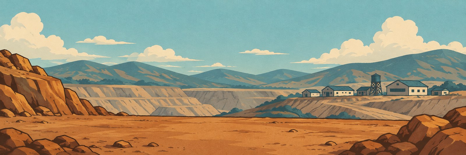 Illustrated mining landscape from Hollis & Sons, with mountains and a small mining settlement.